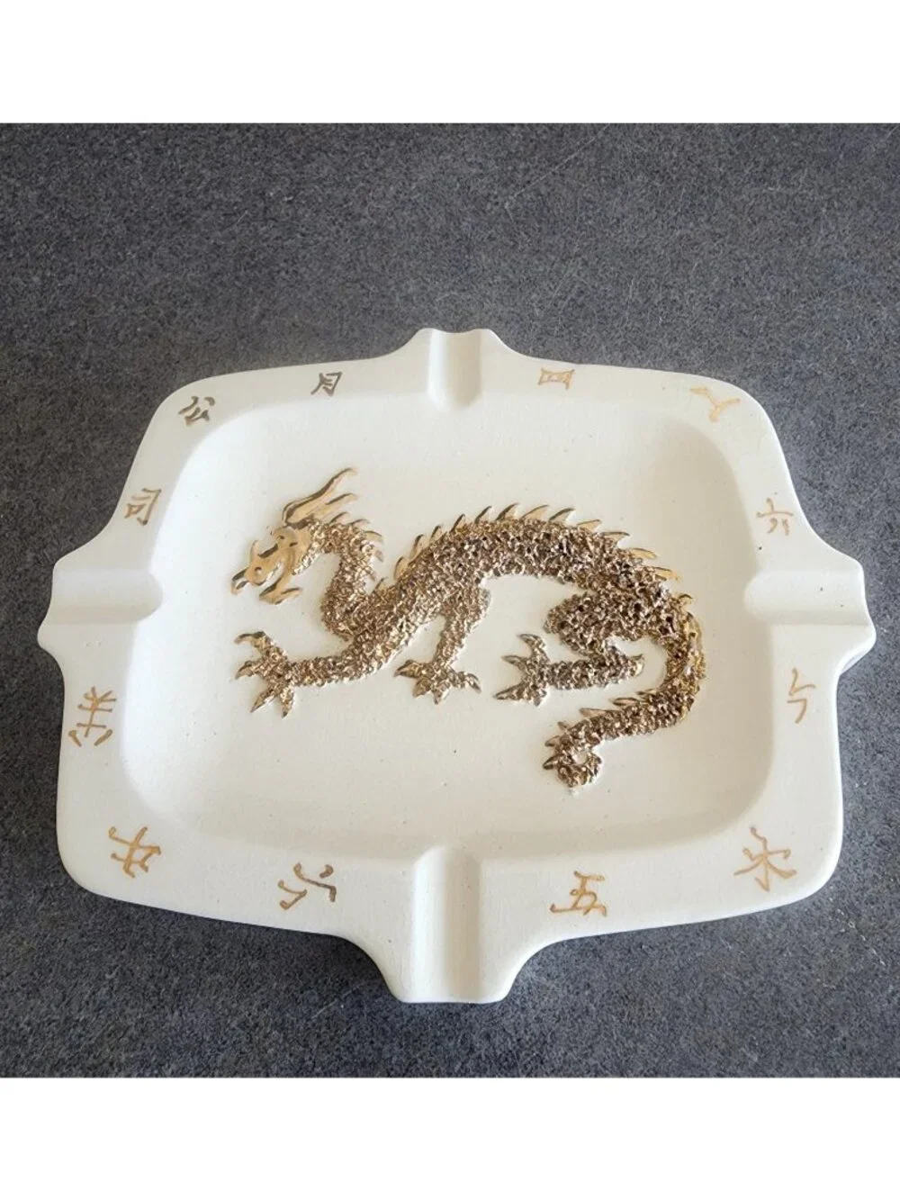 Vintage Mid-Century Ceramic Dragon Ashtray - White & Gold Textured Relief -...